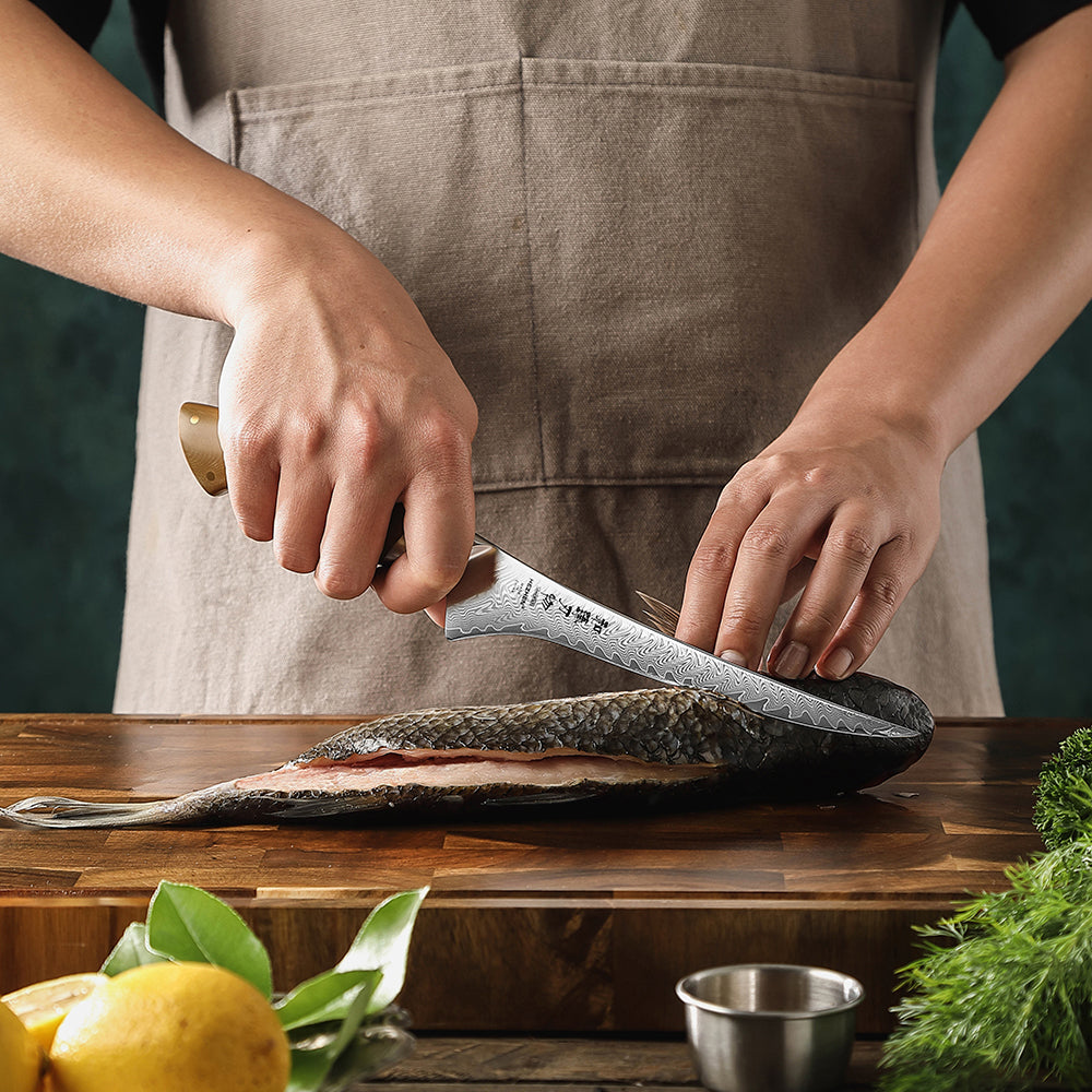 HEZHEN 7.3” 67-layers Damascus Steel Fillet Knife, Hardness 60±2 HRC，Fish Deboning Knife, 15° Precision Edge Linen Micarta Handle Kitchen Knife for Fish Filleting, Peeling and Fruit Cutting