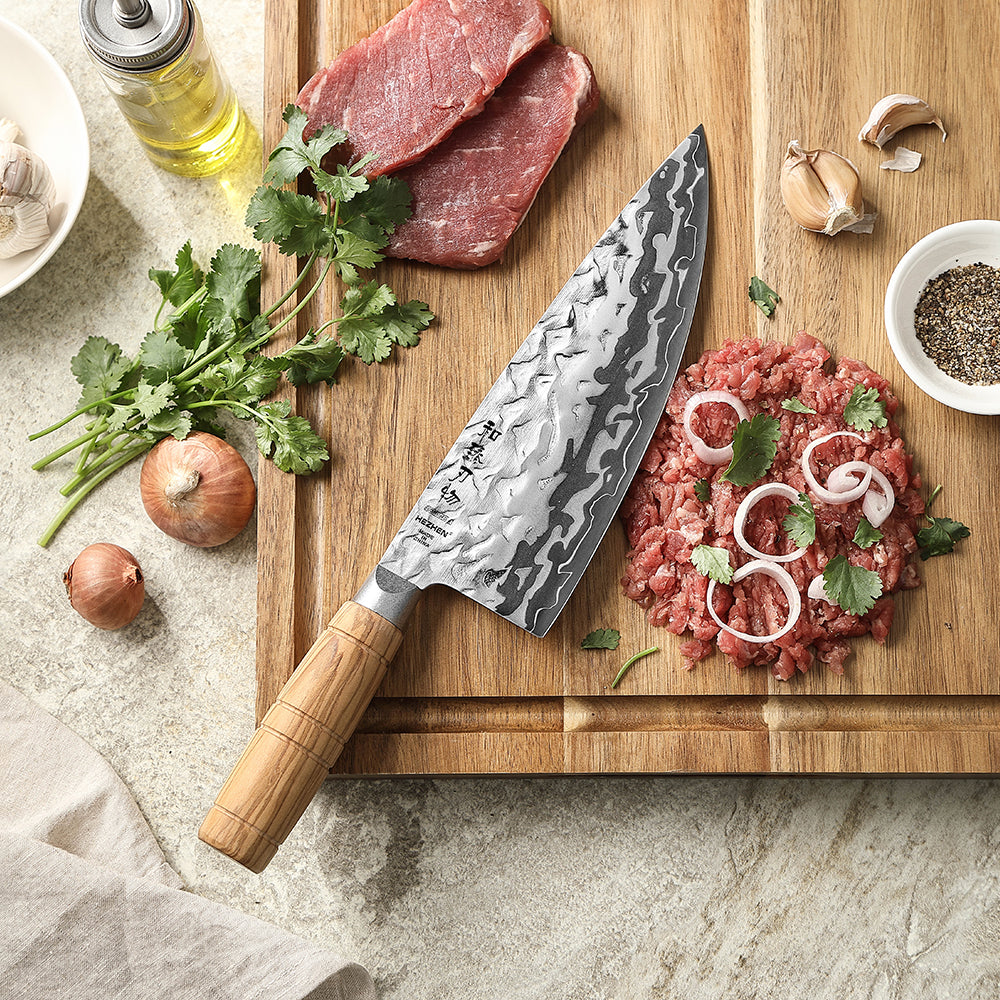HEZHEN 8.1 Inches Butcher Knife Forged 12Cr18MoV Steel Core,Damascus Steel Blade,Ergonomic Olive Wood Handle,High Hardness Sharp Meat Cutting Knife