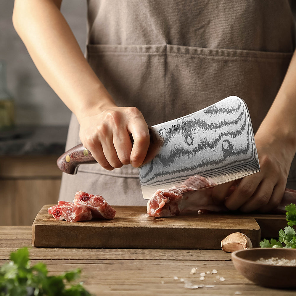 HEZHEN 6.9 Inches 67-Layer Damascus Bone Chopper – 7Cr17MoV Steel, Ergonomic Micarta Handle