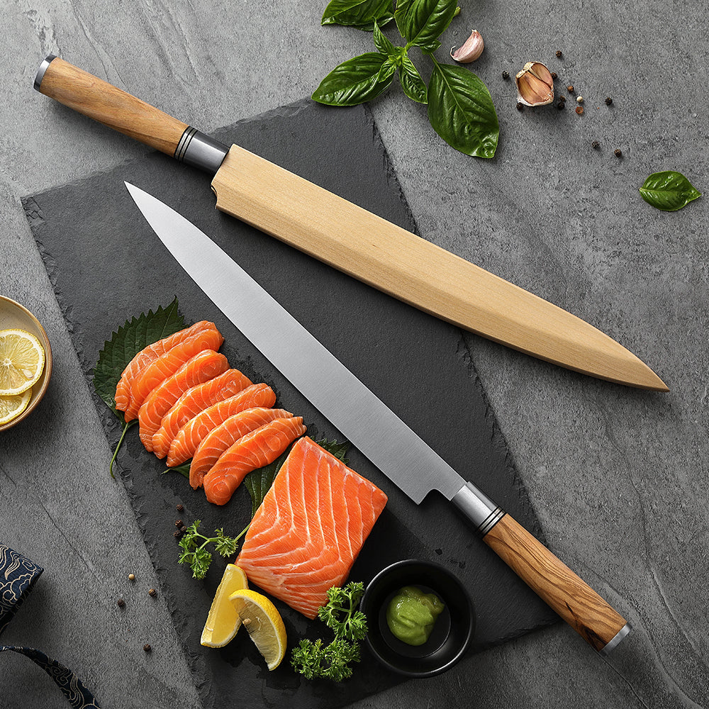 HEZHEN Professional Sashimi Knife 30cm X7Cr17MoV Forged Steel Perfect Balance, Olive Wood Comfort Handle