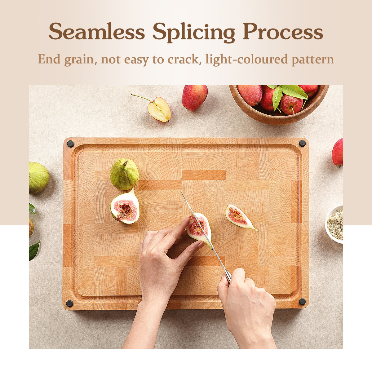 HEZHEN Premium End-Grain Beech Wood Chopping Board – Double-Sided with Juice Groove, Non-Slip Feet & Handles – Multipurpose Kitchen & Serving Tray