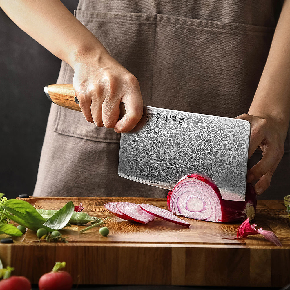 HEZHEN 7 Inches Meat Cleaver Knife, 73 Layers Damascus Powder Steel, Olive Wood Handle, Gift Ready-Flagship Series