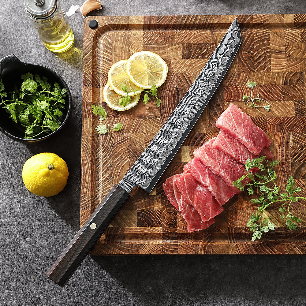 HEZHEN 10 Inch Japanese Sakimaru Knife, 67-layers Damascus Steel, Ergonomic Ebony Wood Handle, Smooth Precision Slicing Kitchen Knife
