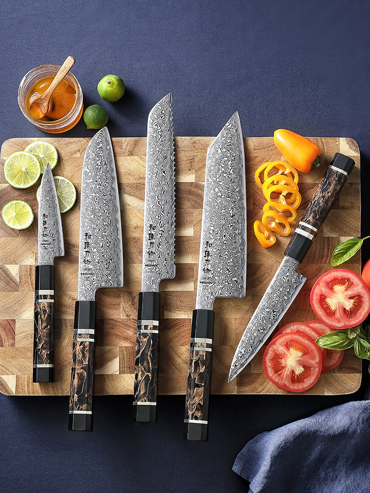 HEZHEN 5-Piece Damascus Knife Set – Paring, Utility, Santoku, Bunka & Bread Knife, 49-Layer ZDP-189 Steel,  Gift Box