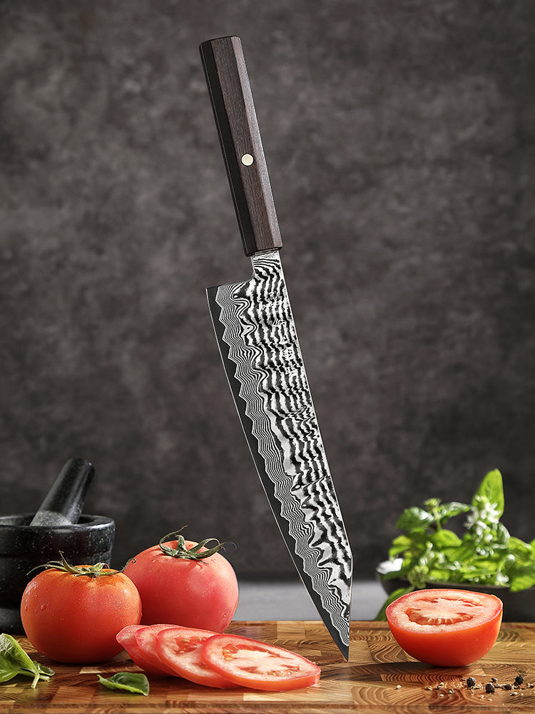 HEZHEN 9.5 Inch  Professional Bunka Knife, 67 Layers Damascus Super Steel, Handcrafted Wave Hammered Pattern
