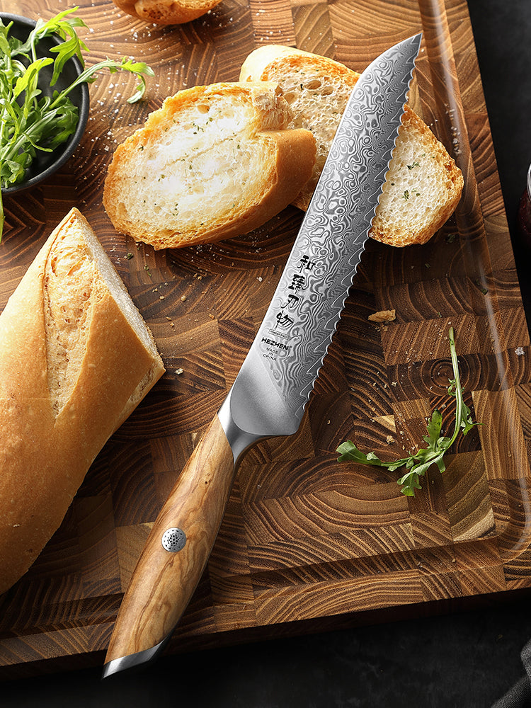HEZHEN 8.5  Inches Serrated Bread Knife, 73 Layers Damascus Powder Steel, Olive Wood Handle, Gift Ready-Flagship Series