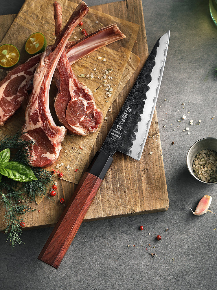 HEZHEN 6 Inches Multipurpose Knife,3 Layers Composite Steel,Stone Washed Frosted Finish,Octagonal Red Wood Handle