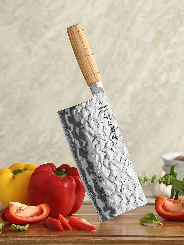 HEZHEN 7.1 Inches Cleaver Knife– 12Cr18MoV Steel Core With Olive Wood Grip Everyday Cooking Knife