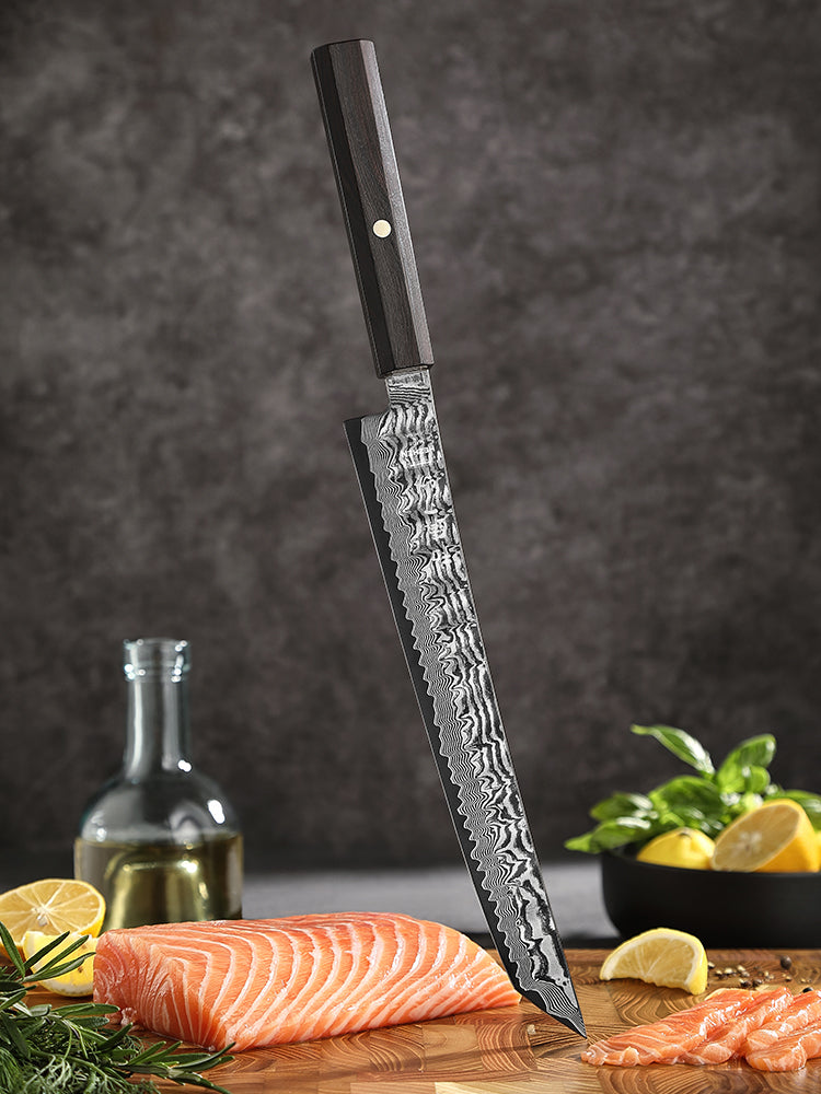 HEZHEN 10 Inch Japanese Sakimaru Knife, 67-layers Damascus Steel, Ergonomic Ebony Wood Handle, Smooth Precision Slicing Kitchen Knife