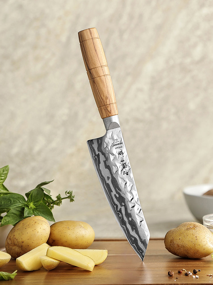 HEZHEN Damascus 5.9" Santoku Kitchen Knife, 9-Layer Forged 12Cr18MoV Steel,All-in-One Cutter for Meat, Fish & Vegetables