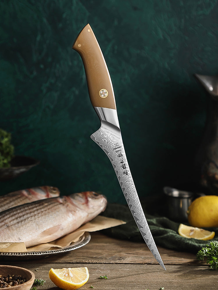HEZHEN 7.3” 67-layers Damascus Steel Fillet Knife, Hardness 60±2 HRC，Fish Deboning Knife, 15° Precision Edge Linen Micarta Handle Kitchen Knife for Fish Filleting, Peeling and Fruit Cutting