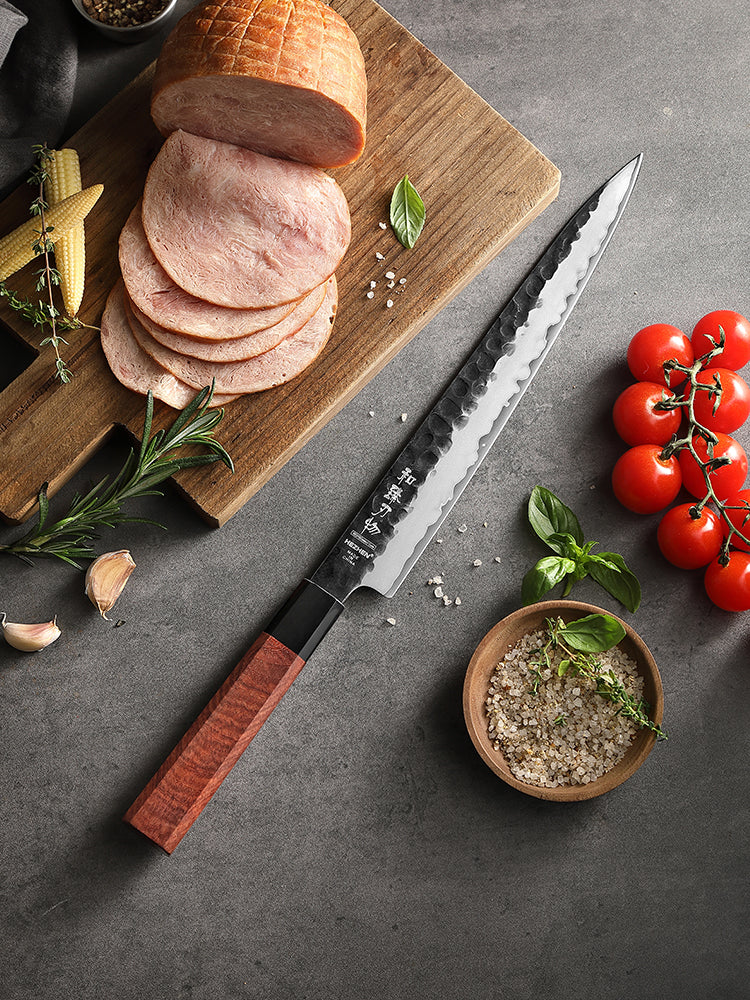 HEZHEN 10 Inches Carving Knife 3 Layers Composite Steel High-hardness Kitchen Knife Red Wood Handle