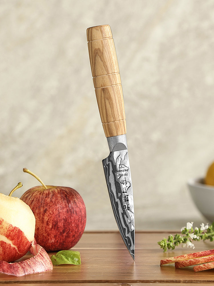 HEZHEN 9-Layer Forged Damascus Paring Knife, 12Cr18MoV Steel 60±2HRC Sharp Fruit Knife, Ergonomic Olive Wood Handle for Peeling & Slicing
