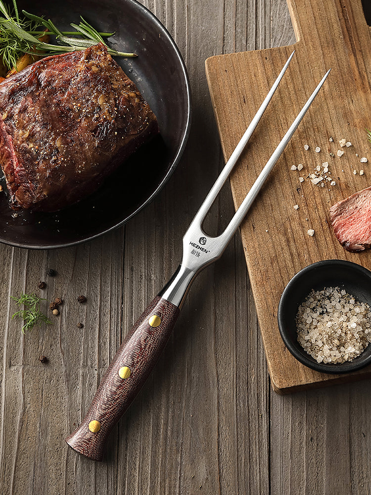 HEZHEN Forged Stainless Steel Carving Fork, Solid 430 Steel Meat Fork with Micarta Handle & Copper Rivets for Turkey Roast & Ham Slicing