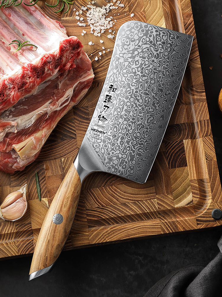 HEZHEN 7 Inches Bone Cleaver Knife, 73 Layers Damascus Powder Steel, Olive Wood Handle, Gift Ready-Flagship Series