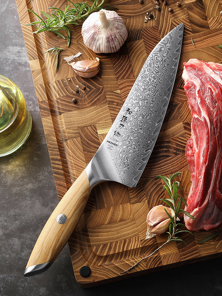 HEZHEN 8 Inches Chef Knife, 73 Layers Damascus Powder Steel, Olive Wood Handle, Gift Ready-Flagship Series