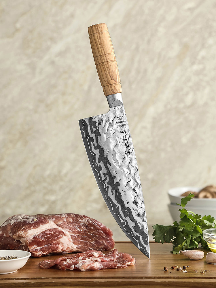 HEZHEN 8.1 Inches Butcher Knife Forged 12Cr18MoV Steel Core,Damascus Steel Blade,Ergonomic Olive Wood Handle,High Hardness Sharp Meat Cutting Knife