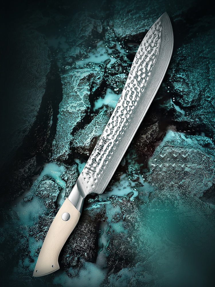 HEZHEN Damascus Steel 10” Butcher Knife 10Cr15CoMoV Steel Core Hammered Finish G10 Handle
