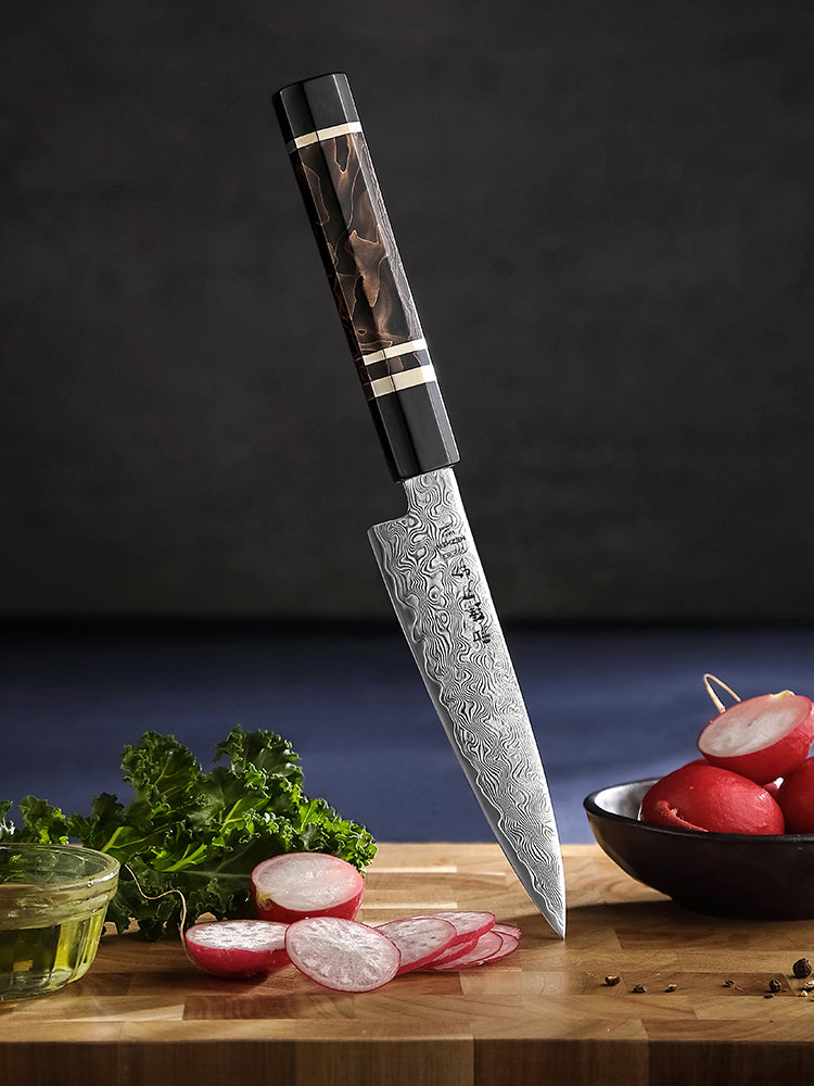 HEZHEN 5.6 Inches Kitchen Utility Knife, 49 Layers Damascus Steel with Japanese ZDP-189 Steel, 65-67 HRC, Japanese Octagonal Handle