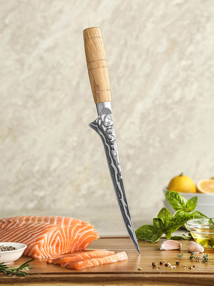 HEZHEN 7.2”Seafood Fillet Knife Professional 9-Layer Damascus,Razor Sharp Blade, Non-Slip Olive Wood Grip for Fish Deboning & Sashimi Cutting