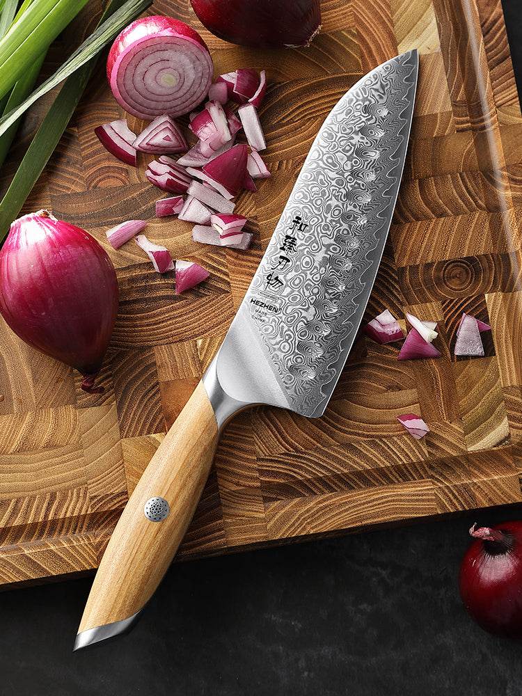 HEZHEN 7.5 Inches Santoku Knife, 73 Layers Damascus Powder Steel, Olive Wood Handle, Gift Ready-Flagship Series