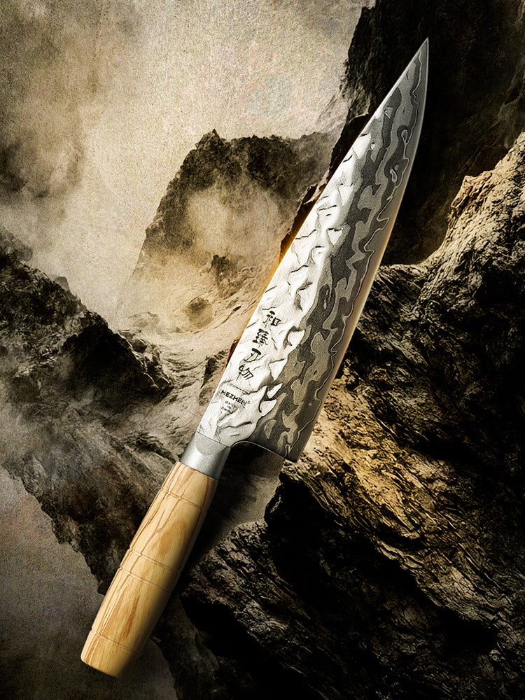 HEZHEN Premium 9‑Layer Damascus Chef‘s Knife – 12Cr18MoV Core, Olive Wood Handle & Ergonomic Relief