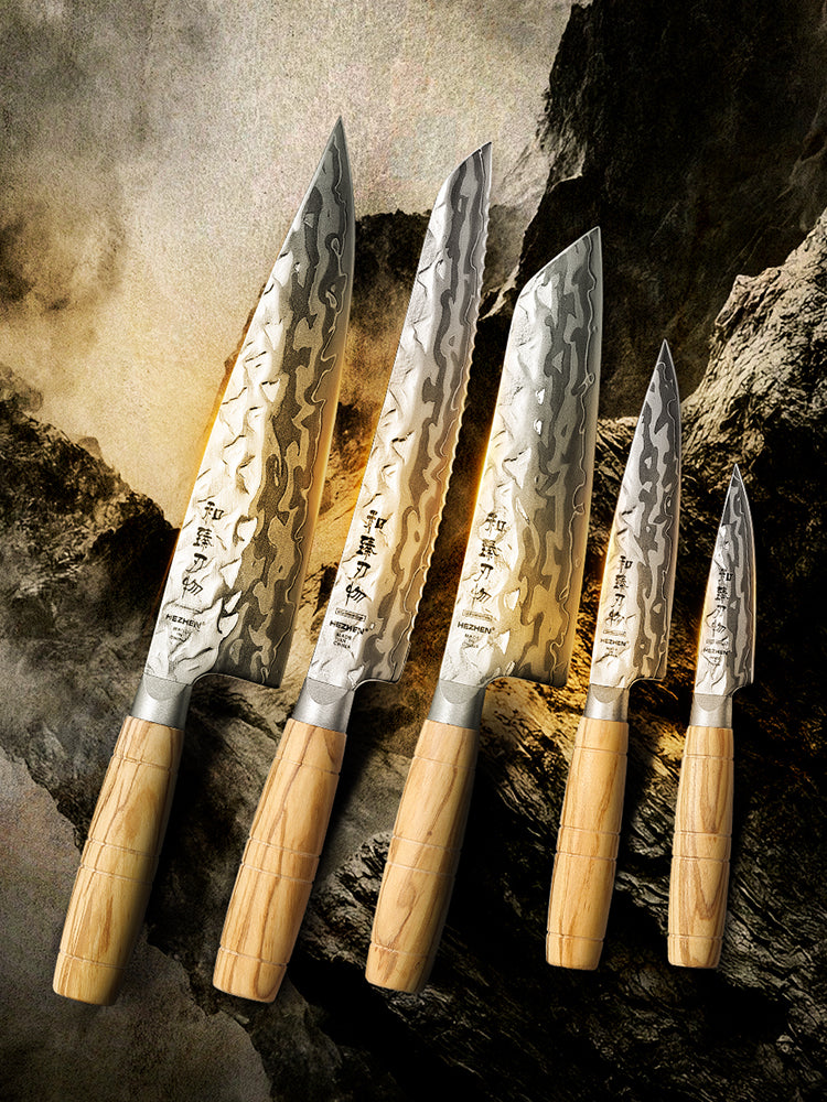 HEZHEN Professional 5PCS Kitchen Knife Set,9-Layer Damascus Steel,High Quality Olive Wood Handle,Multi-Purpose Kitchen Knives