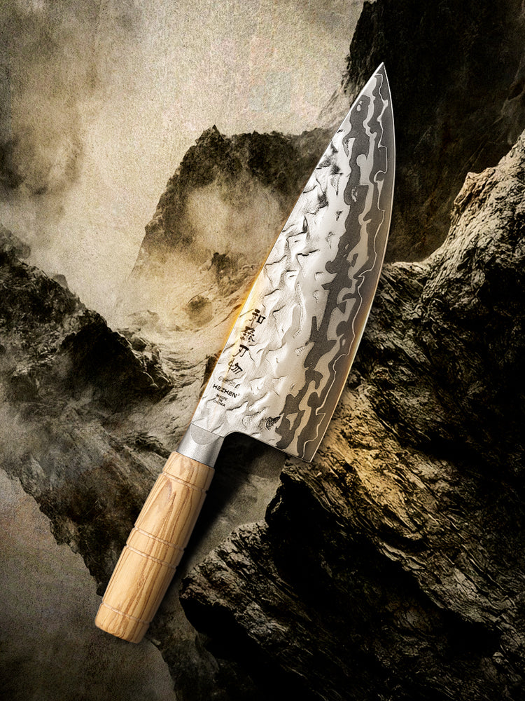 HEZHEN 8.1 Inches Butcher Knife Forged 12Cr18MoV Steel Core,Damascus Steel Blade,Ergonomic Olive Wood Handle,High Hardness Sharp Meat Cutting Knife