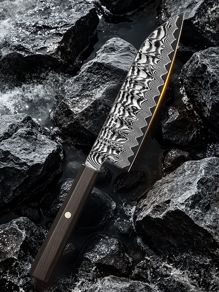 HEZHEN 7.3 Inch Multipurpose Santoku Knife, Hand Forged Damascus Kitchen Knife,15° Precision Edge, Ultra Sharp Balanced Cutting Knife
