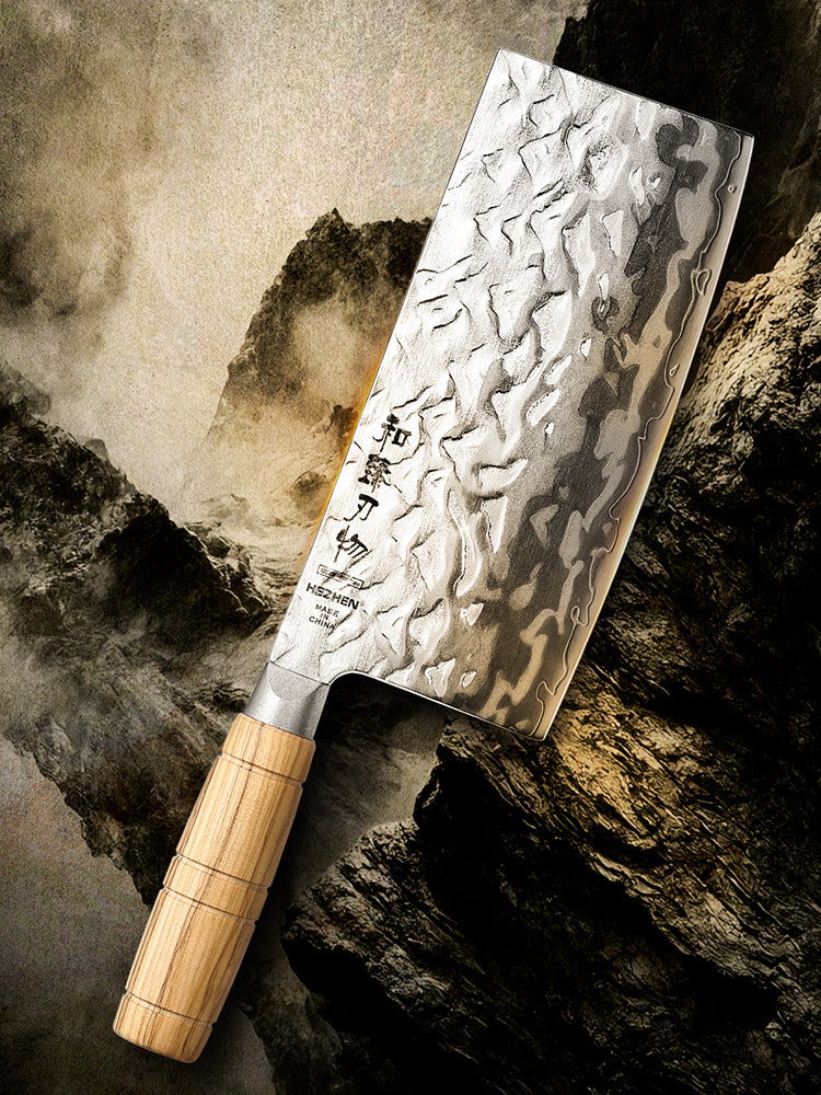 HEZHEN 7.1 Inches Cleaver Knife– 12Cr18MoV Steel Core With Olive Wood Grip Everyday Cooking Knife