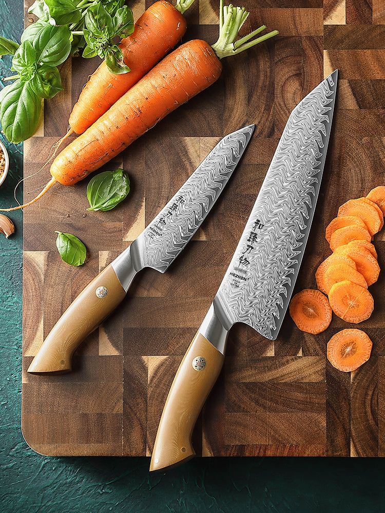HEZHEN 2 Piece Damascus Kitchen Knife Set, 67-Layer 10Cr15CoMoV Steel Core,Chef Knife & Utility Knife Combo, Linen Micarta Handle for Meat Vegetable Fruit Prep