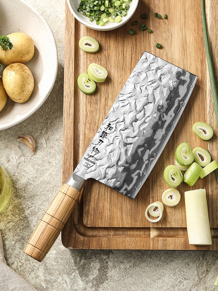 HEZHEN 7.1 Inches Cleaver Knife– 12Cr18MoV Steel Core With Olive Wood Grip Everyday Cooking Knife