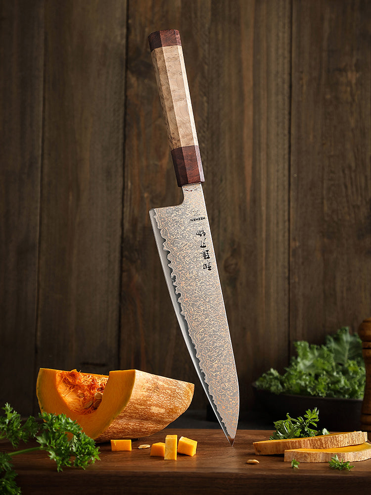 HEZHEN Chef Knife, 37 Tricolor Copper Damascus Steel Kitchen Knife, Professional Cooking Knife with Figured Sycamore Wood + Padauk Burl Wood