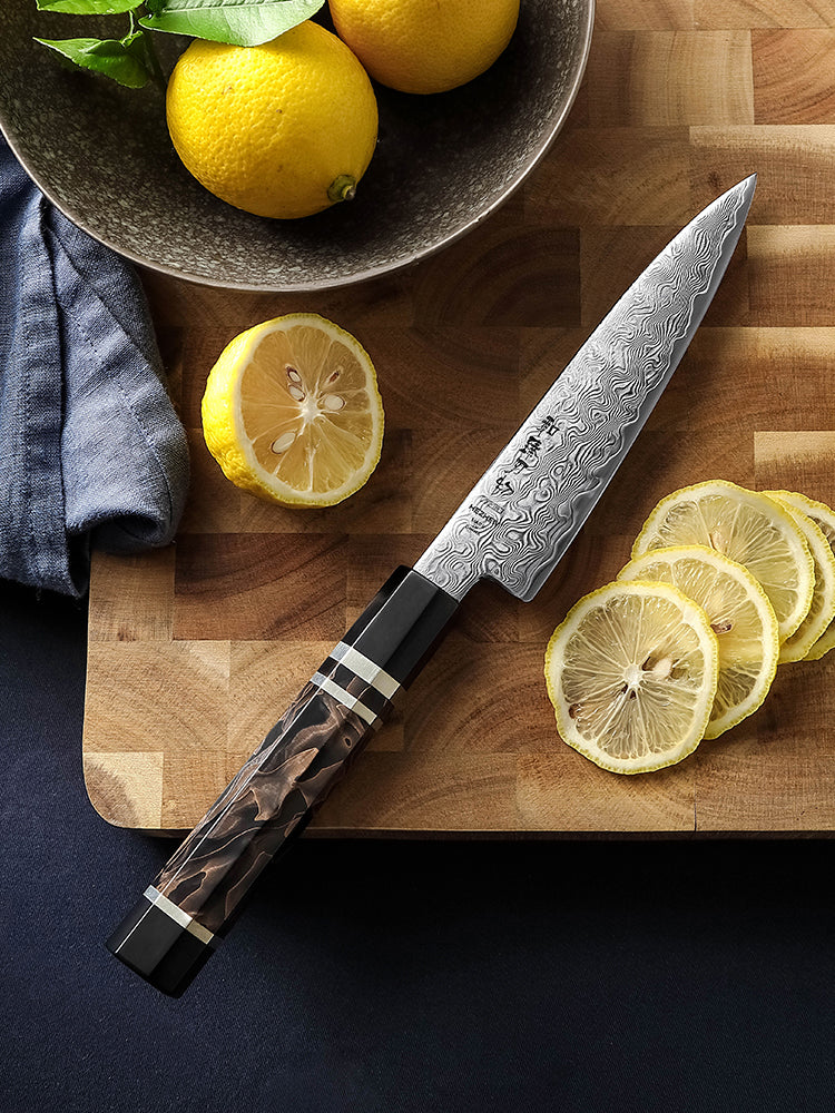 HEZHEN 5.6 Inches Kitchen Utility Knife, 49 Layers Damascus Steel with Japanese ZDP-189 Steel, 65-67 HRC, Japanese Octagonal Handle