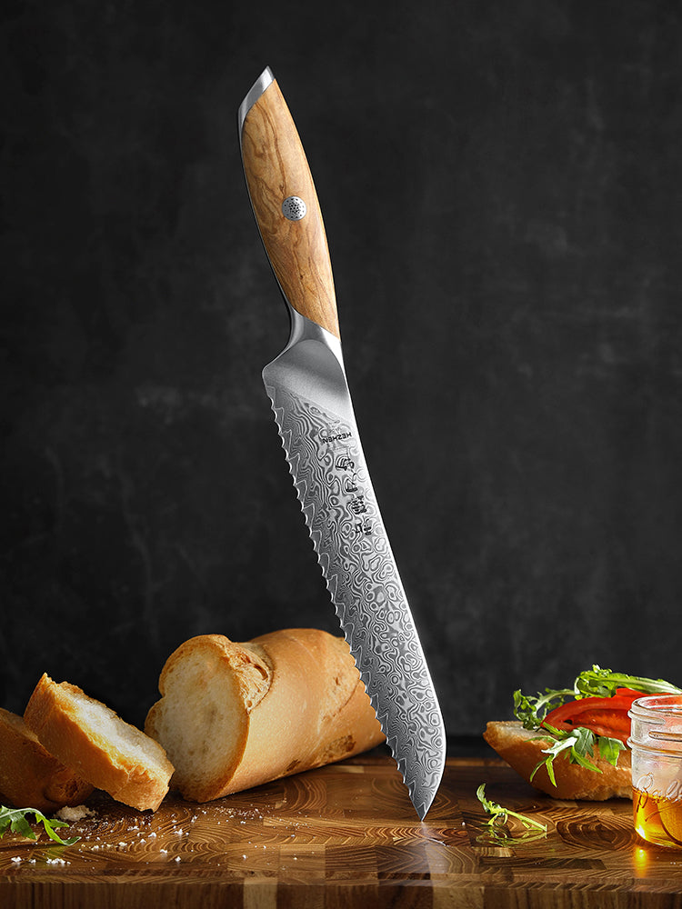 HEZHEN 8.5  Inches Serrated Bread Knife, 73 Layers Damascus Powder Steel, Olive Wood Handle, Gift Ready-Flagship Series