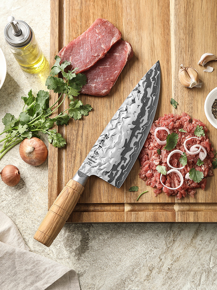 HEZHEN 8.1 Inches Butcher Knife Forged 12Cr18MoV Steel Core,Damascus Steel Blade,Ergonomic Olive Wood Handle,High Hardness Sharp Meat Cutting Knife