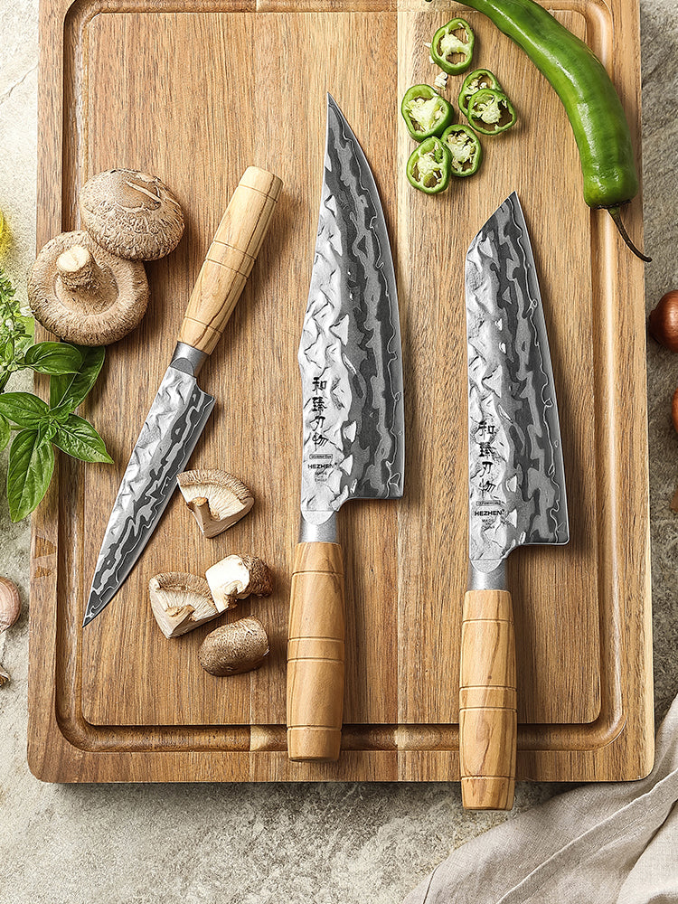 HEZHEN 3PCS Forged Damascus Knife Set, 12Cr18MoV Steel Core, Premium Olive Wood Handle with Copper Rivet, Home Cooking