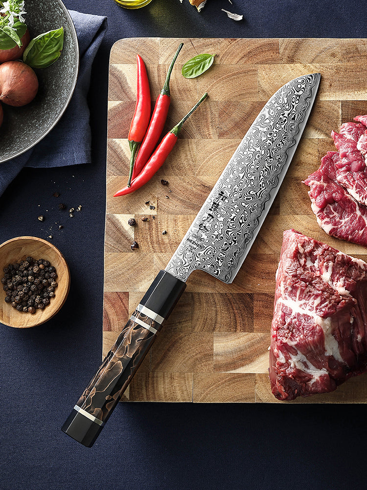 HEZHEN 7.1 Inch Japanese Santoku Knife, 49-Layer Damascus Steel, Hitachi ZDP-189 Powder Steel Core, Luxury Gift Box