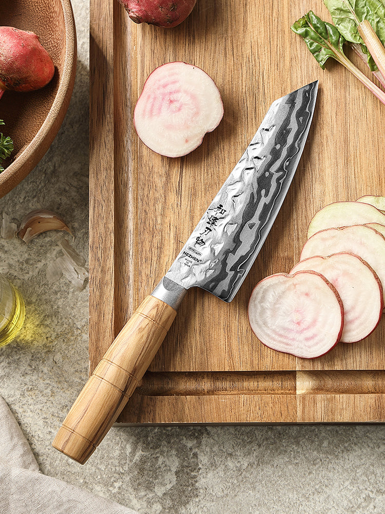HEZHEN Damascus 5.9" Santoku Kitchen Knife, 9-Layer Forged 12Cr18MoV Steel,All-in-One Cutter for Meat, Fish & Vegetables