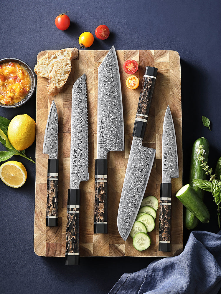 HEZHEN 5-Piece Damascus Knife Set – Paring, Utility, Santoku, Bunka & Bread Knife, 49-Layer ZDP-189 Steel,  Gift Box