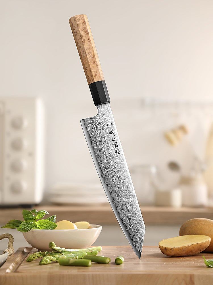 HEZHEN 8.5 Inches Bunka Knife, Blue Steel No.2 Carbon Steel Core Damascus Steel, Figured Sycamore Wood Handle