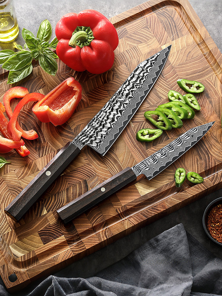 HEZHEN 2PCS Kitchen Knife Set, 67 Layers Damascus Steel With 10Cr15CoMoV Steel Core, Utility+Chef Knife,Household Cooking & Premium Gift Set
