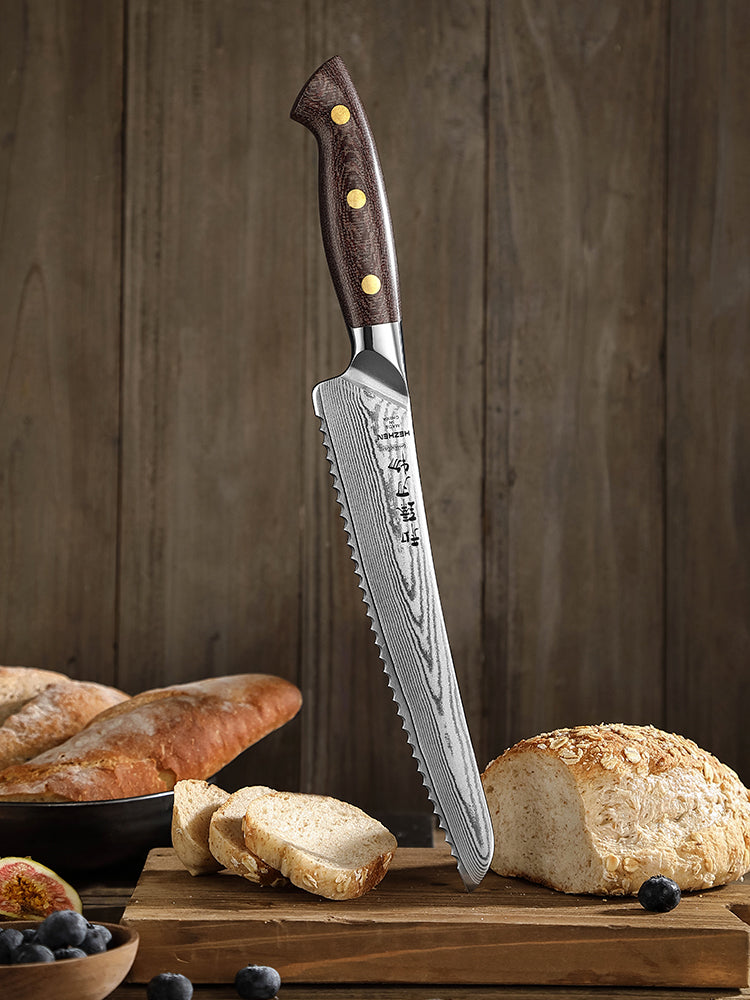 HEZHEN 8.5" 67-Layer Damascus Bread Knife – Core at 60±2HRC, Serrated Edge for Crusty Bread & Cakes, Ergonomic Micarta Handle