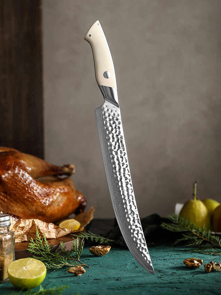 HEZHEN 10 Inches Carving Knife 67 Layers Forged Ivory White G10 Handle Perfect for Home Chefs & Gifting