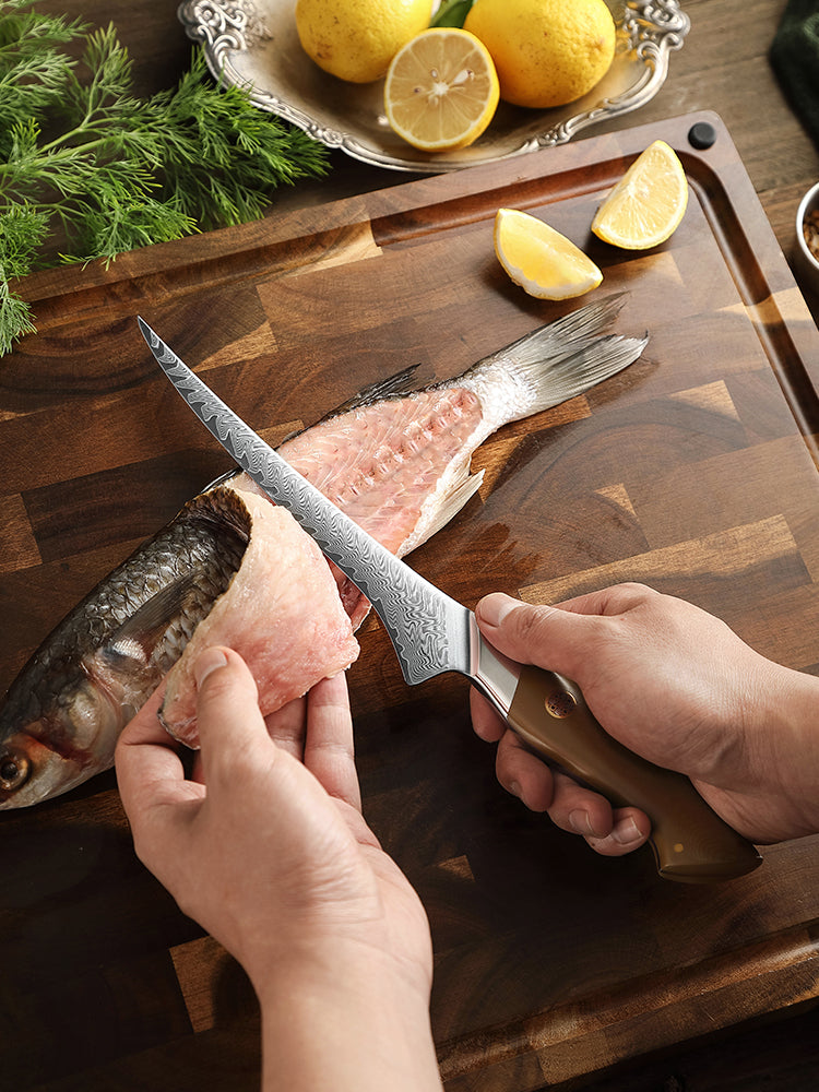 HEZHEN 7.3” 67-layers Damascus Steel Fillet Knife, Hardness 60±2 HRC，Fish Deboning Knife, 15° Precision Edge Linen Micarta Handle Kitchen Knife for Fish Filleting, Peeling and Fruit Cutting