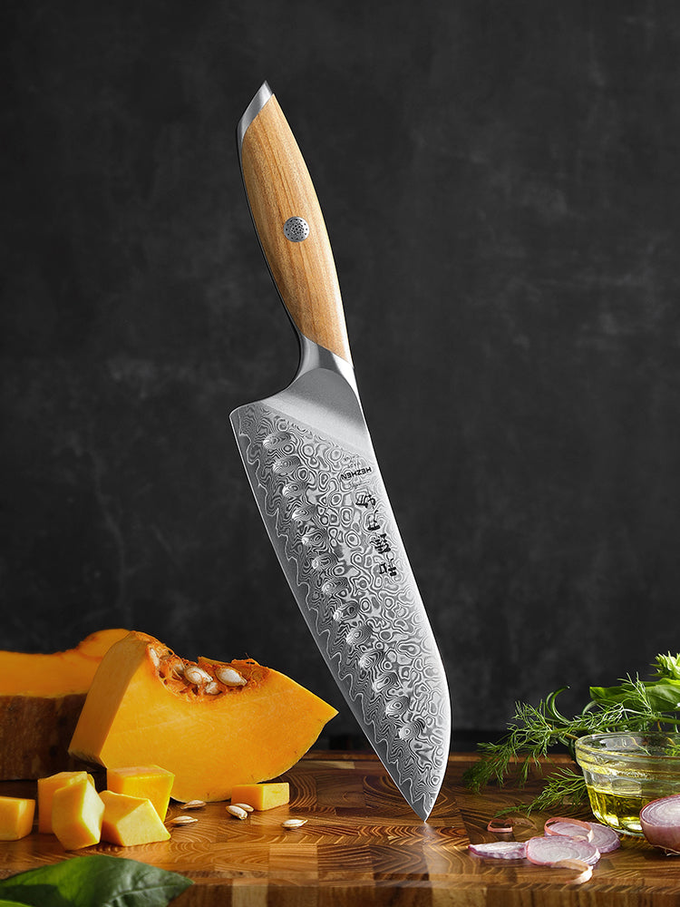 HEZHEN 7.5 Inches Santoku Knife, 73 Layers Damascus Powder Steel, Olive Wood Handle, Gift Ready-Flagship Series