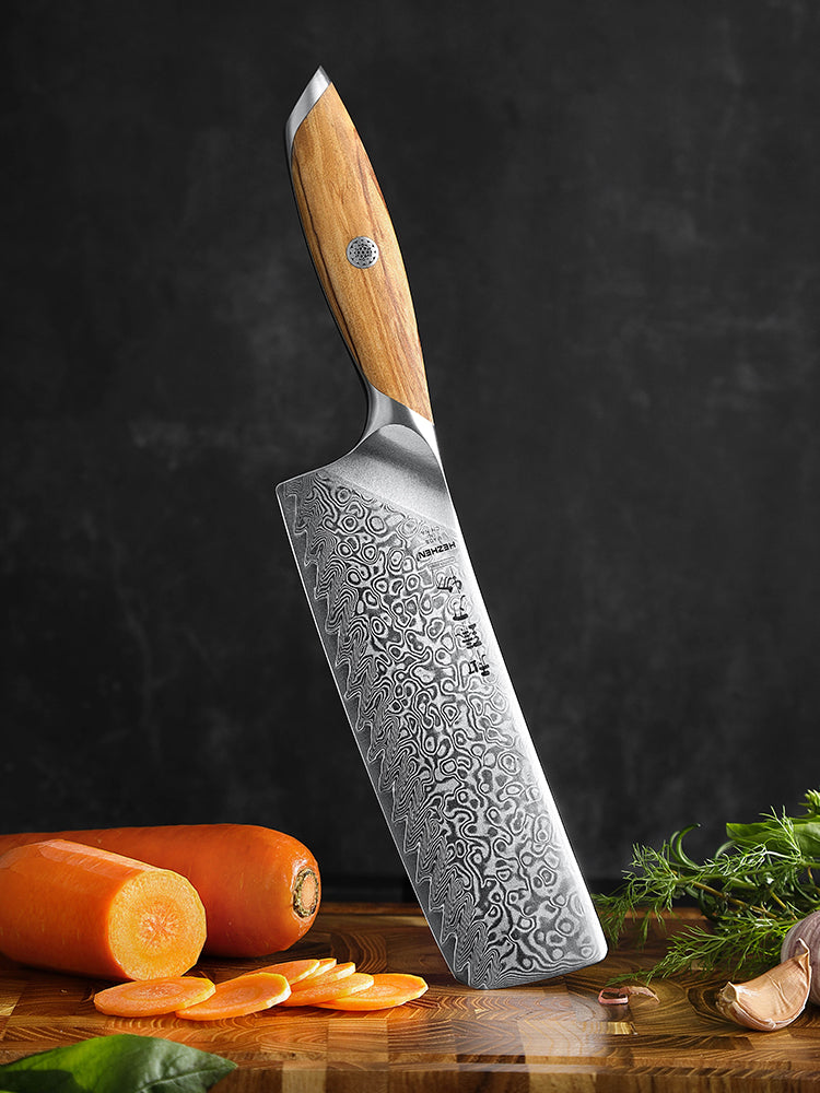 HEZHEN 7 Inches Nakiri Knife, 73 Layers Damascus Powder Steel, Olive Wood Handle, Gift Ready-Flagship Series