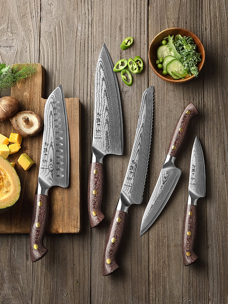 HEZHEN Professional 5PCS Knife Set,High-carbon Damascus Steel,Ergonomic Handle, Sharp and Durable Cooking Utensils, Ideal As a Gift or For Personal Use