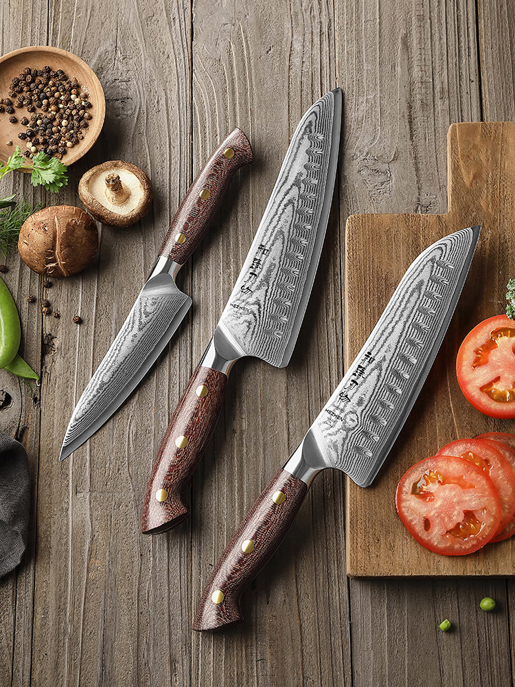 HEZHEN 3PCS Kitchen Knife Set 67-layers Damascus Super Steel,Utility+Santoku+Chef Knife,Hardness 60±2HRC,Ergonomic Micarta Handle