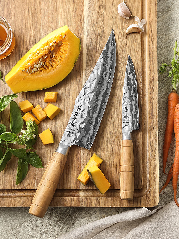 HEZHEN 2PCS Kitchen Knife Set, 9-Layer Forged Damascus Steel,W Chef & Utility Knife, 60±2HRC Ultra Sharp Blade
